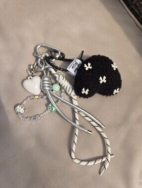 Charm Keychain with Black Knit Heart and Bead Accents